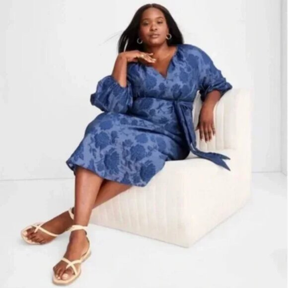 Puff Sleeve Belted Midi Dress - Future Collective with Jenny K. Lopez Navy M - Picture 4 of 6